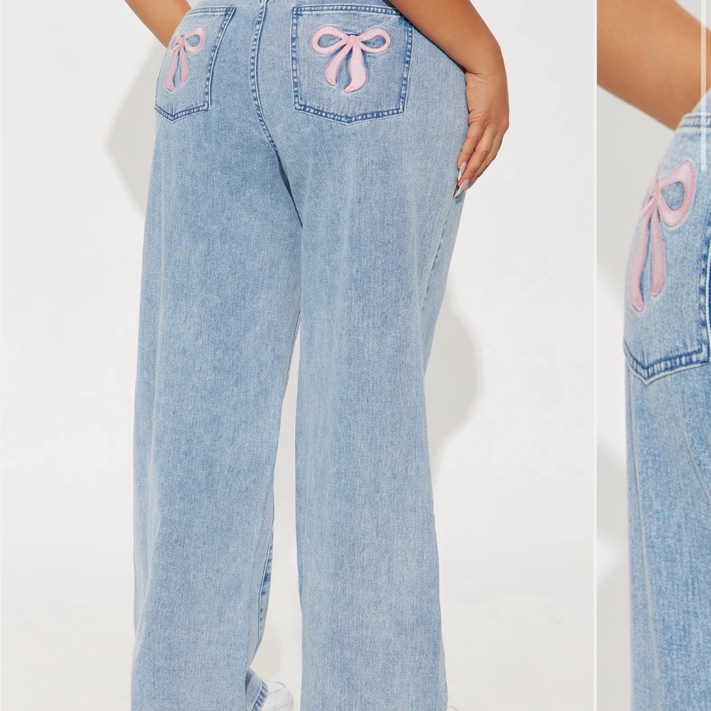 Fashion Nova Light Blue Jeans with Pink Bow Details